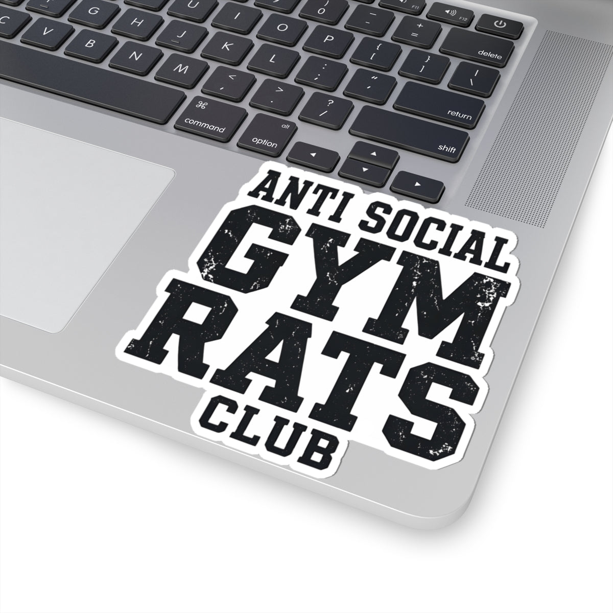 A kiss-cut vinyl sticker with the text 'ANTI SOCIAL GYM RATS CLUB' in distressed black lettering on a white background, shown applied to the silver palm rest of a laptop keyboard.
