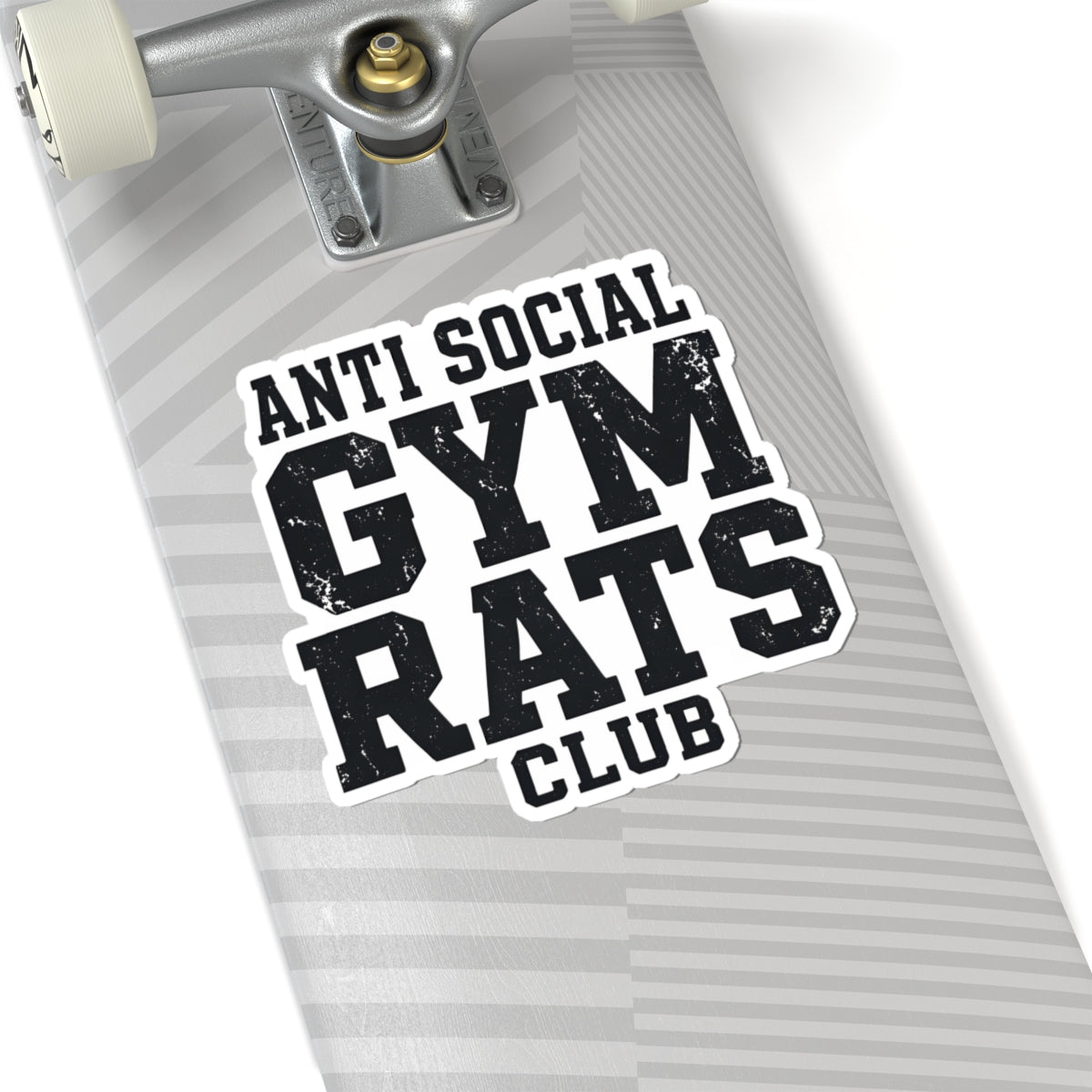 A close-up of a skateboard deck featuring a bold black and white graphic sticker that reads 'ANTI SOCIAL GYM RATS CLUB' over a gray and white striped pattern, with a silver truck and white wheels visible.
