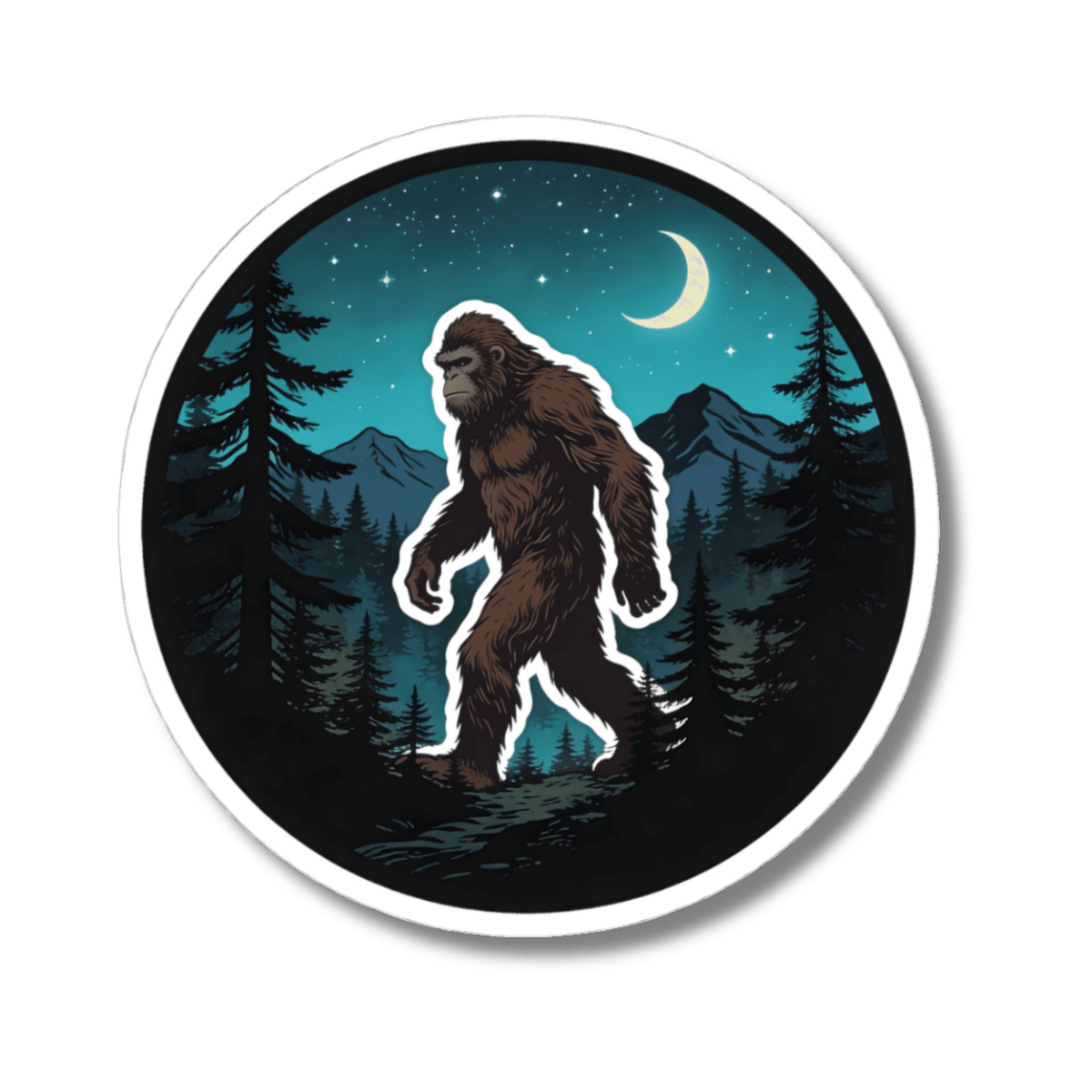 A circular sticker featuring an illustration of a Bigfoot figure walking through a pine forest at night under a crescent moon and stars, shown on a white background.