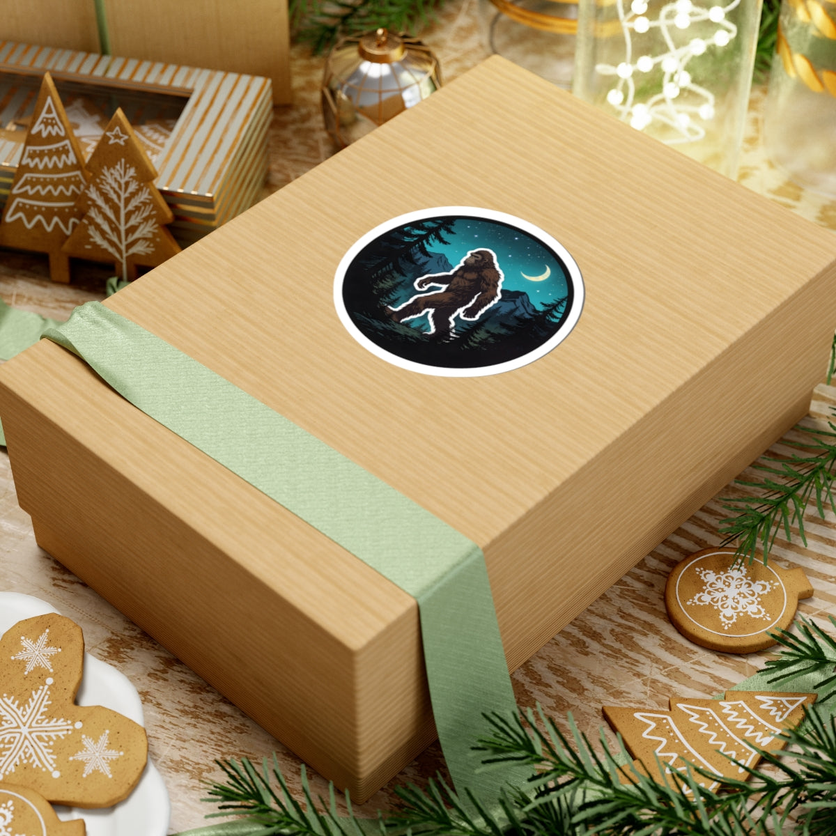 A square kraft paper gift box wrapped with a pale green ribbon and topped with a round bigfoot sticker, styled on a tabletop with holiday decorations including gingerbread cookies, pine branches, and ornaments.
