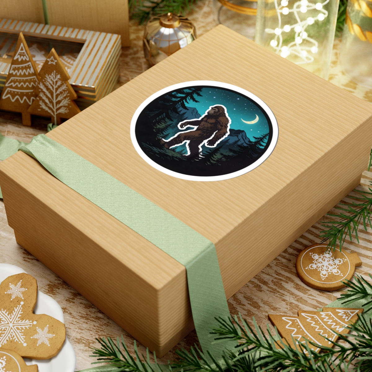 A kraft paper gift box wrapped with a pale green ribbon, featuring a round sticker of a Bigfoot silhouette at night on the lid. The box is styled on a rustic wooden table with Christmas cookies, pine branches, and other holiday decorations.