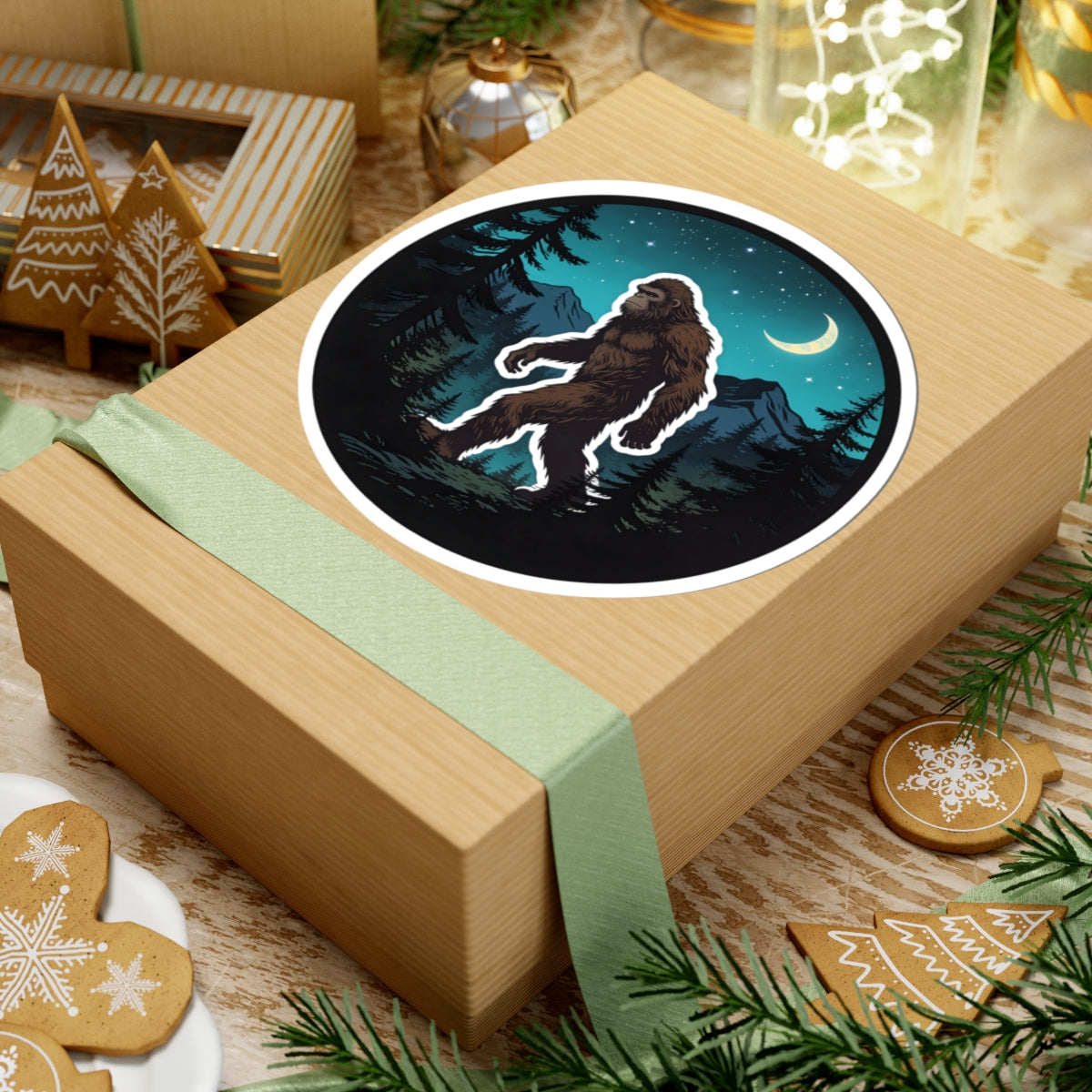 A square kraft gift box wrapped with a pale green ribbon, topped with a round sticker showing a Bigfoot silhouette at night under a crescent moon. The box sits on a wooden surface with holiday cookies, evergreen branches, and other gift items around it.