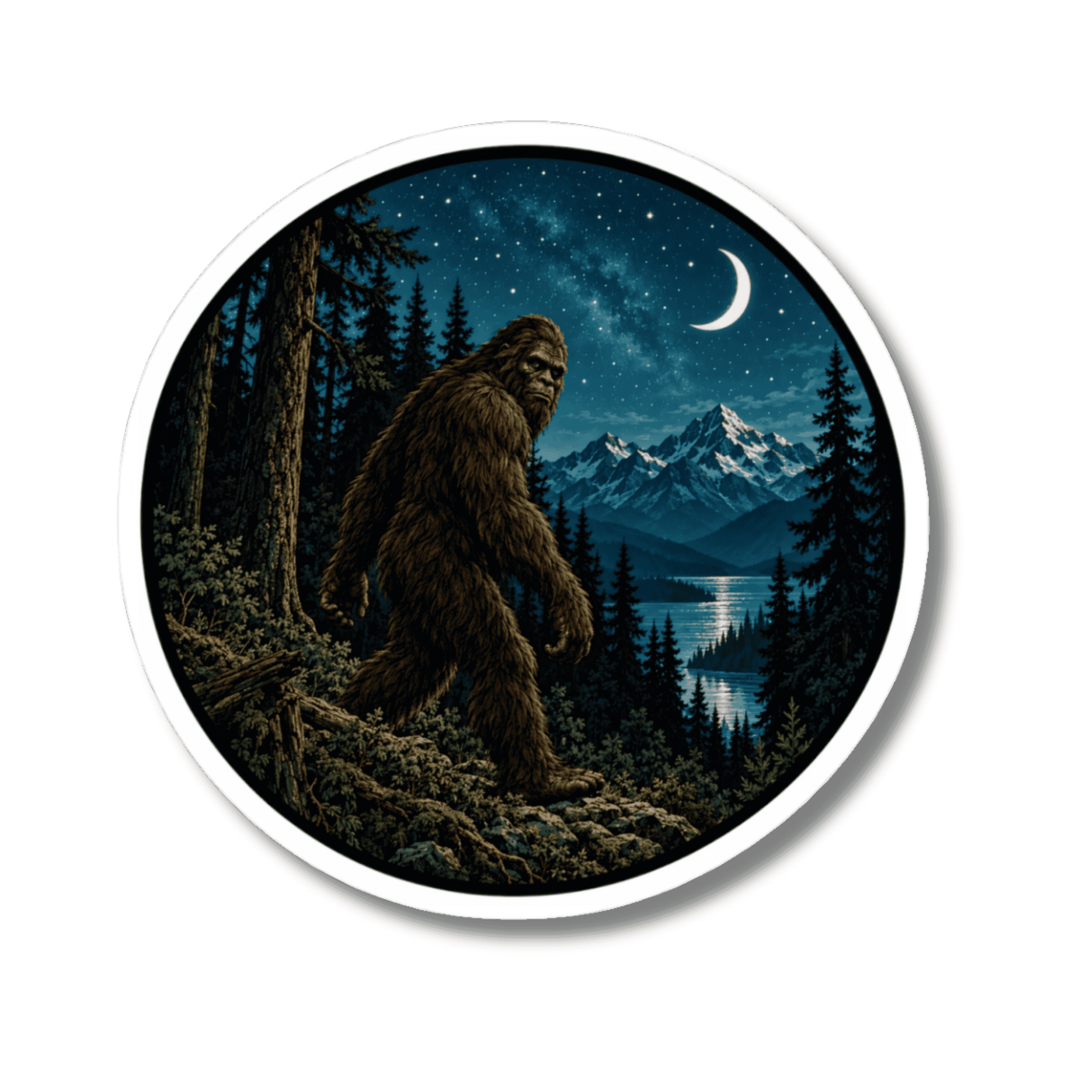 A circular sticker featuring a night scene with a Bigfoot figure walking through a forest near a lake, under a starry sky and crescent moon, with mountains in the background.