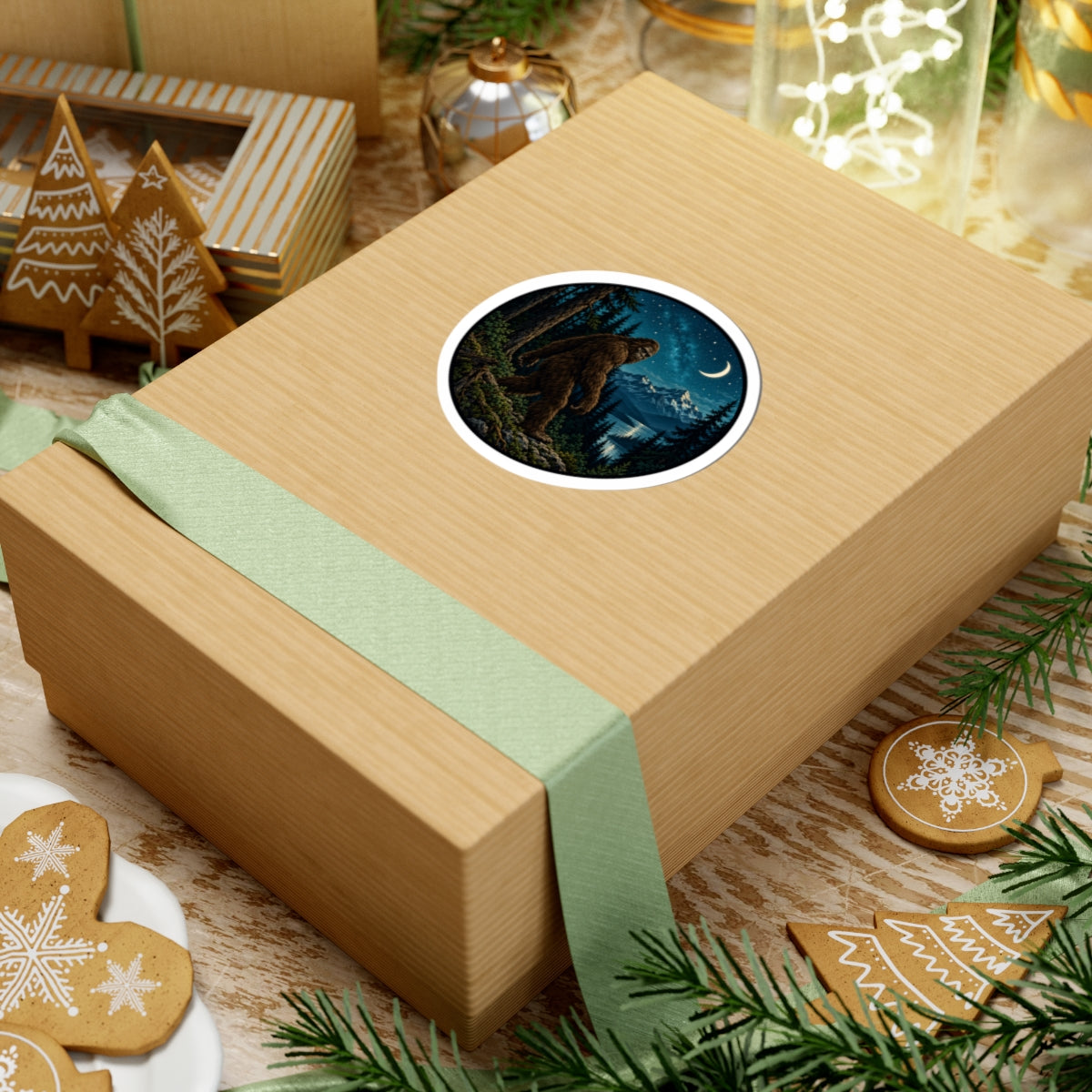 A square kraft paper gift box wrapped with a pale green ribbon, featuring a circular sticker on top with a night-sky scene of a Bigfoot in the forest. The box is styled on a wooden surface with Christmas cookies, pine branches, and other holiday decorations.