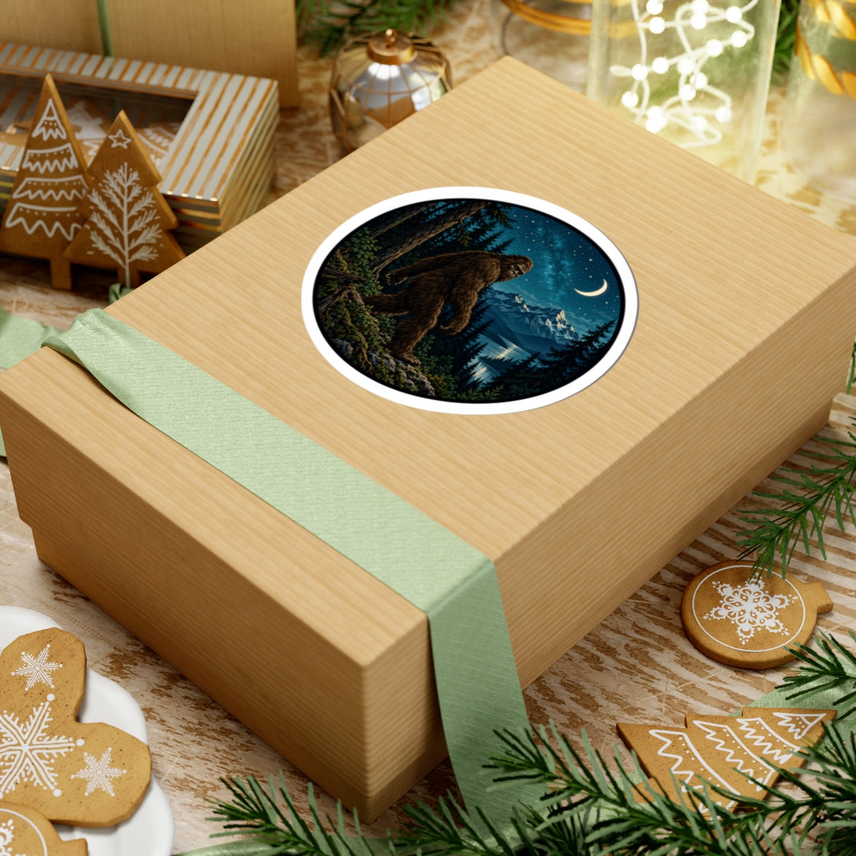 A kraft paper gift box wrapped with a pale green ribbon, featuring a circular sticker of a Bigfoot scene on top, styled with Christmas cookies, pine branches, and holiday decor.