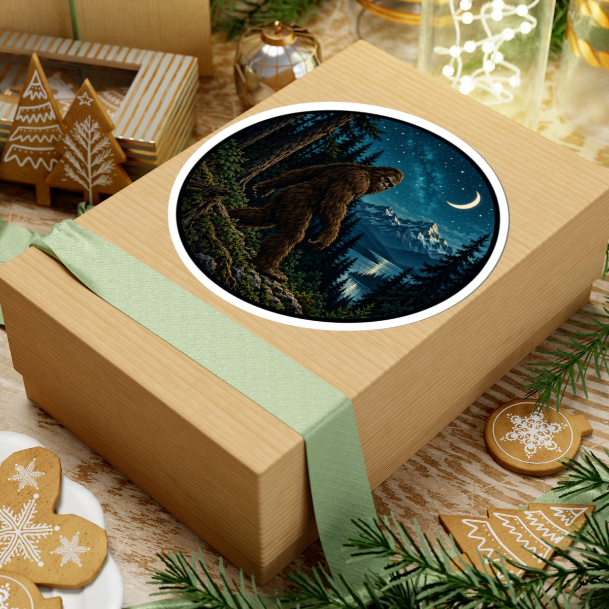 A kraft paper gift box wrapped with a pale green ribbon, featuring a round sticker of a Bigfoot scene on top. The box is styled on a wooden surface with Christmas cookies, pine branches, and other holiday decorations.