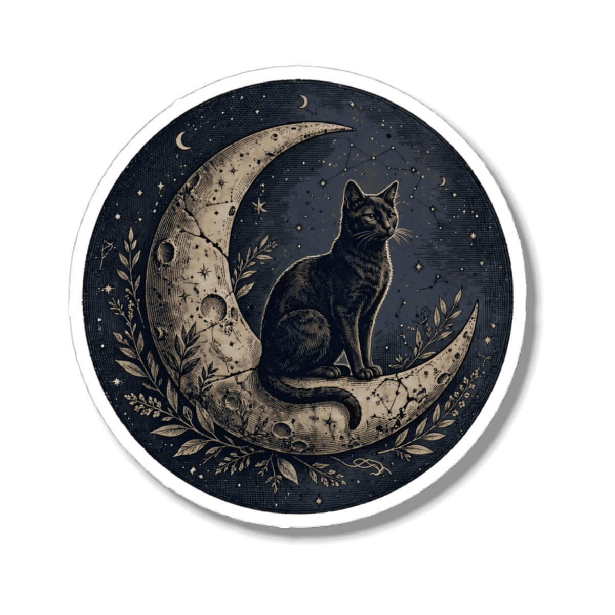 A circular sticker or decal featuring a black cat sitting on a crescent moon surrounded by stars and leaves, shown on a plain white background.