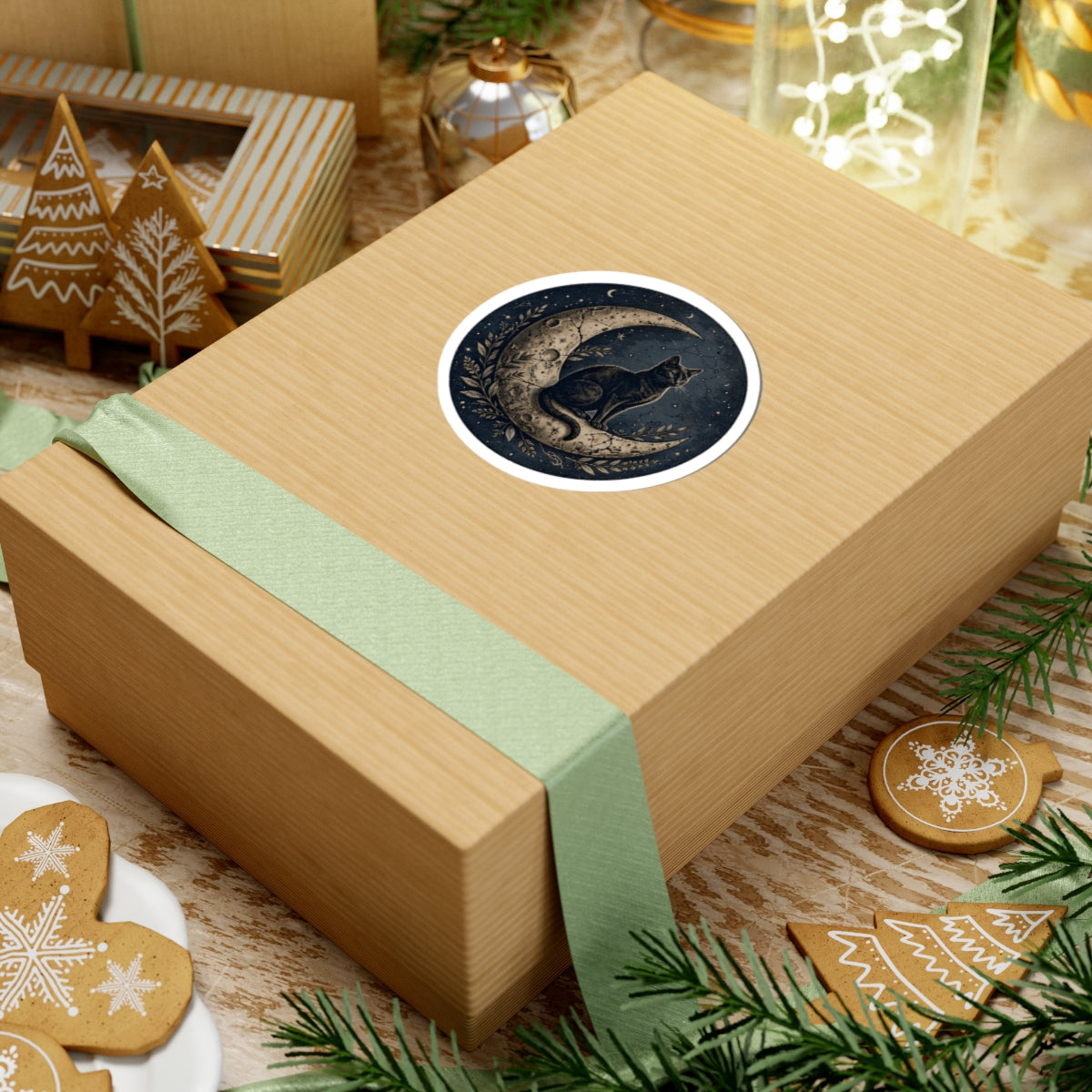 Wooden gift box with a green ribbon and  black cat and crescent moon sticker on a festive background with cookies and lights.