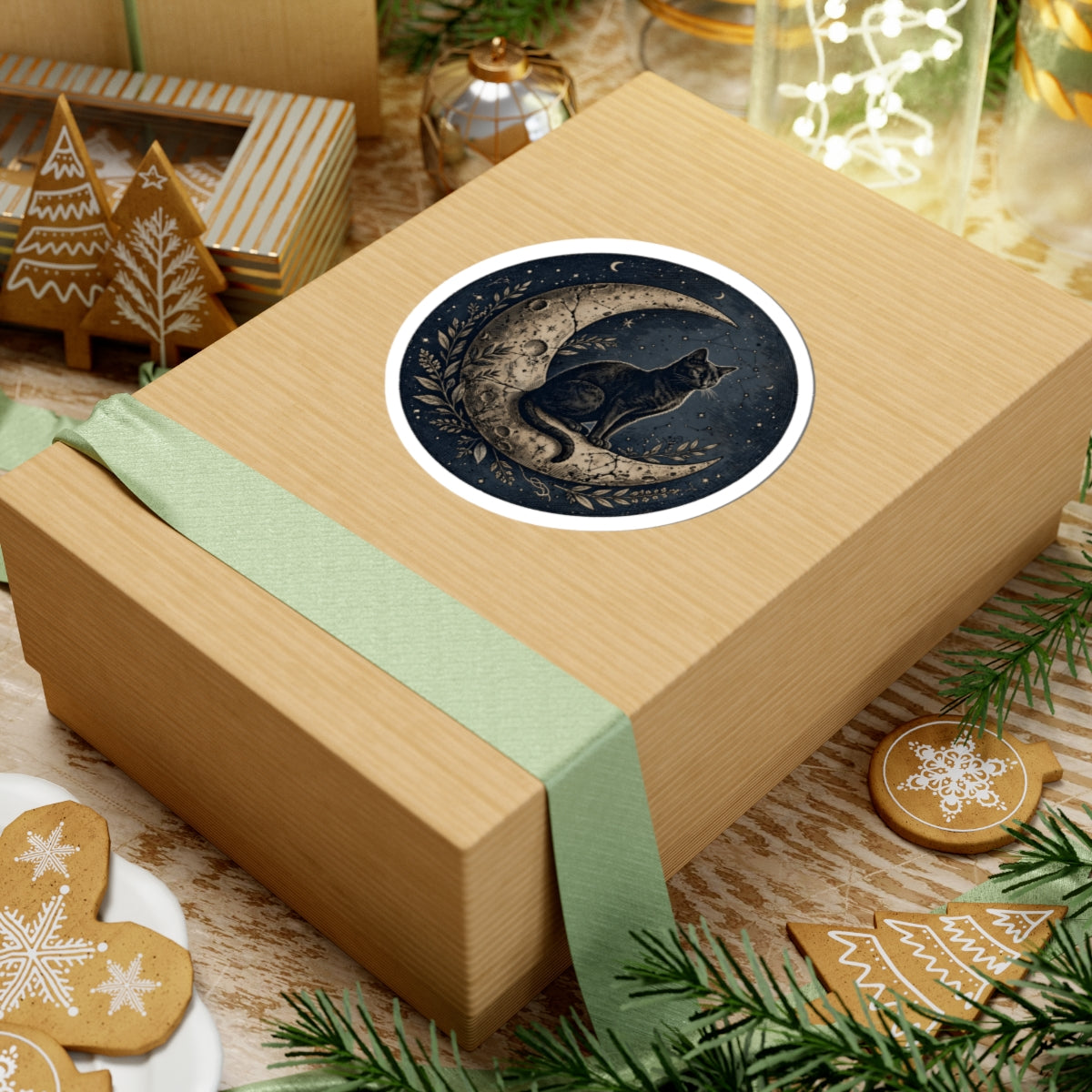 A square kraft paper gift box wrapped with a pale green ribbon and topped with a round sticker showing a black cat on a crescent moon, styled on a tabletop with holiday cookies, pine branches, and other gift items.