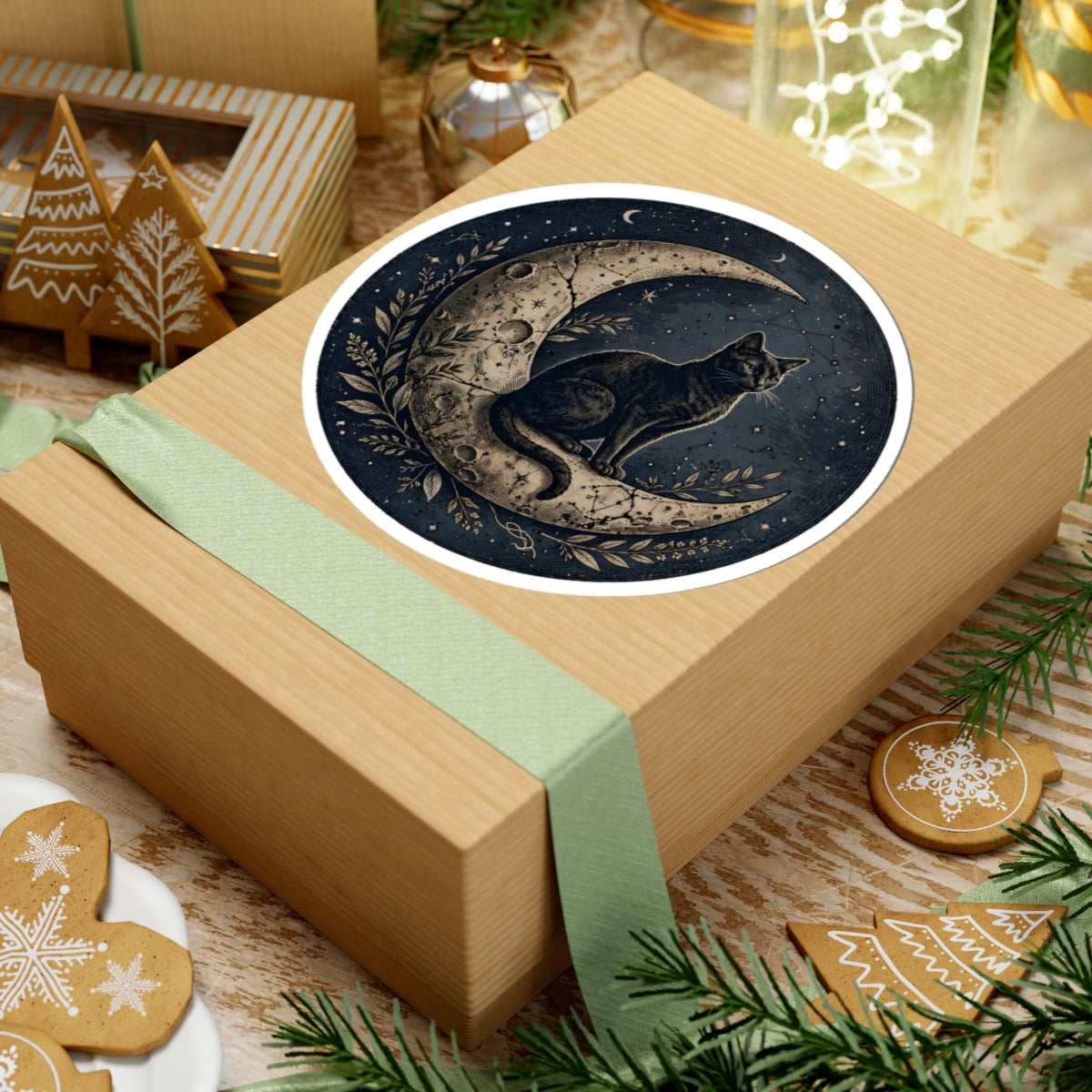 A square kraft gift box wrapped with a pale green ribbon, topped with a round sticker featuring a black cat sitting on a crescent moon with a tree branch motif. The box is styled on a tabletop with holiday cookies, evergreen branches, and other gift items in the background.