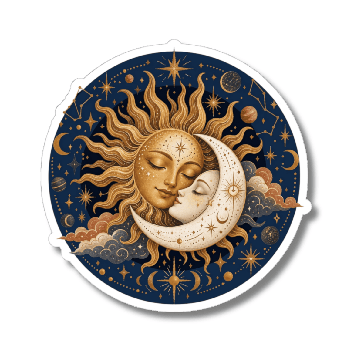 A circular celestial sticker or decal featuring a golden sun and moon with sleeping faces, stars, planets, and clouds on a dark navy background, shown on a white background with a subtle drop shadow.