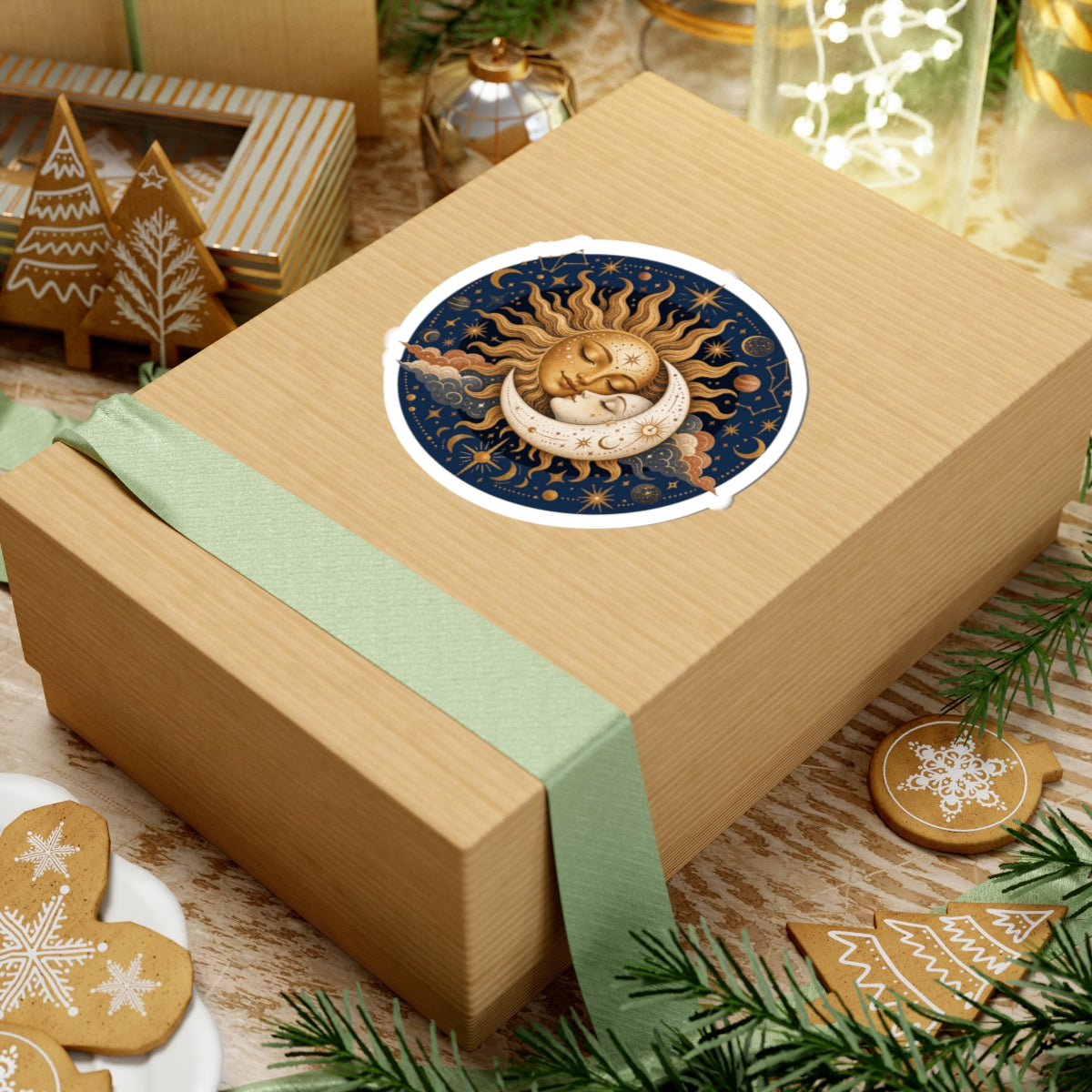 A kraft paper gift box wrapped with a pale green ribbon, featuring a round sticker of a sleeping sun and moon on top, styled with Christmas cookies, pine branches, and holiday decor.