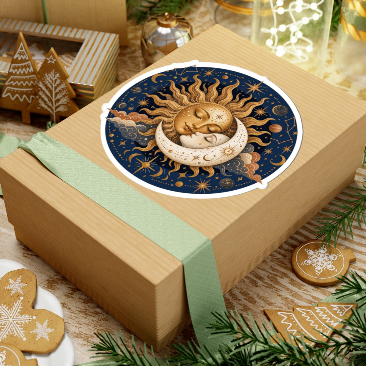 A square kraft gift box wrapped with a pale green ribbon, topped with a round sticker featuring a celestial sun and moon illustration. The box is styled on a tabletop with holiday cookies, evergreen branches, and other gift items in the background.