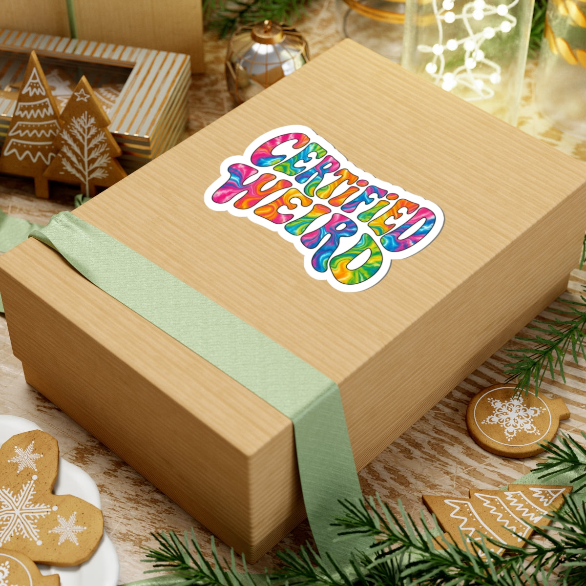 A kraft paper gift box tied with a pale green ribbon, featuring a colorful kiss-cut sticker that reads 'Certified Weird' in rainbow tie dye lettering. The box is styled on a rustic wooden surface with Christmas cookies, evergreen branches, and holiday decor in the background.