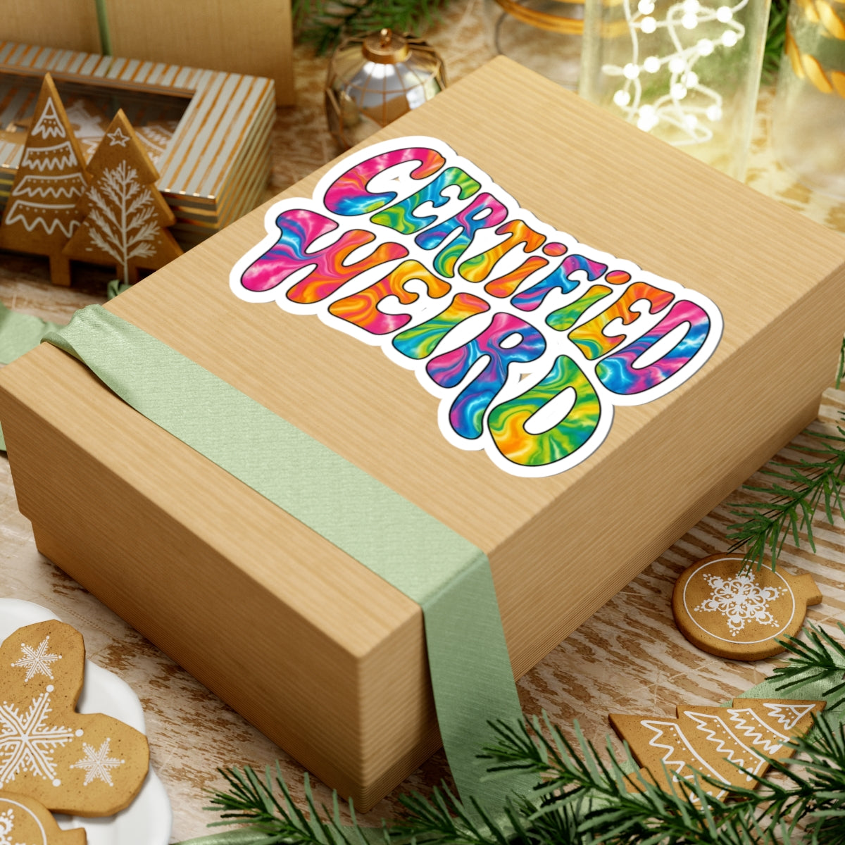 A kraft paper gift box wrapped with a pale green ribbon, featuring a colorful kiss-cut sticker that reads 'CERTIFIED WEIRD' in rainbow tie-dye lettering, styled on a wooden surface with holiday decorations.