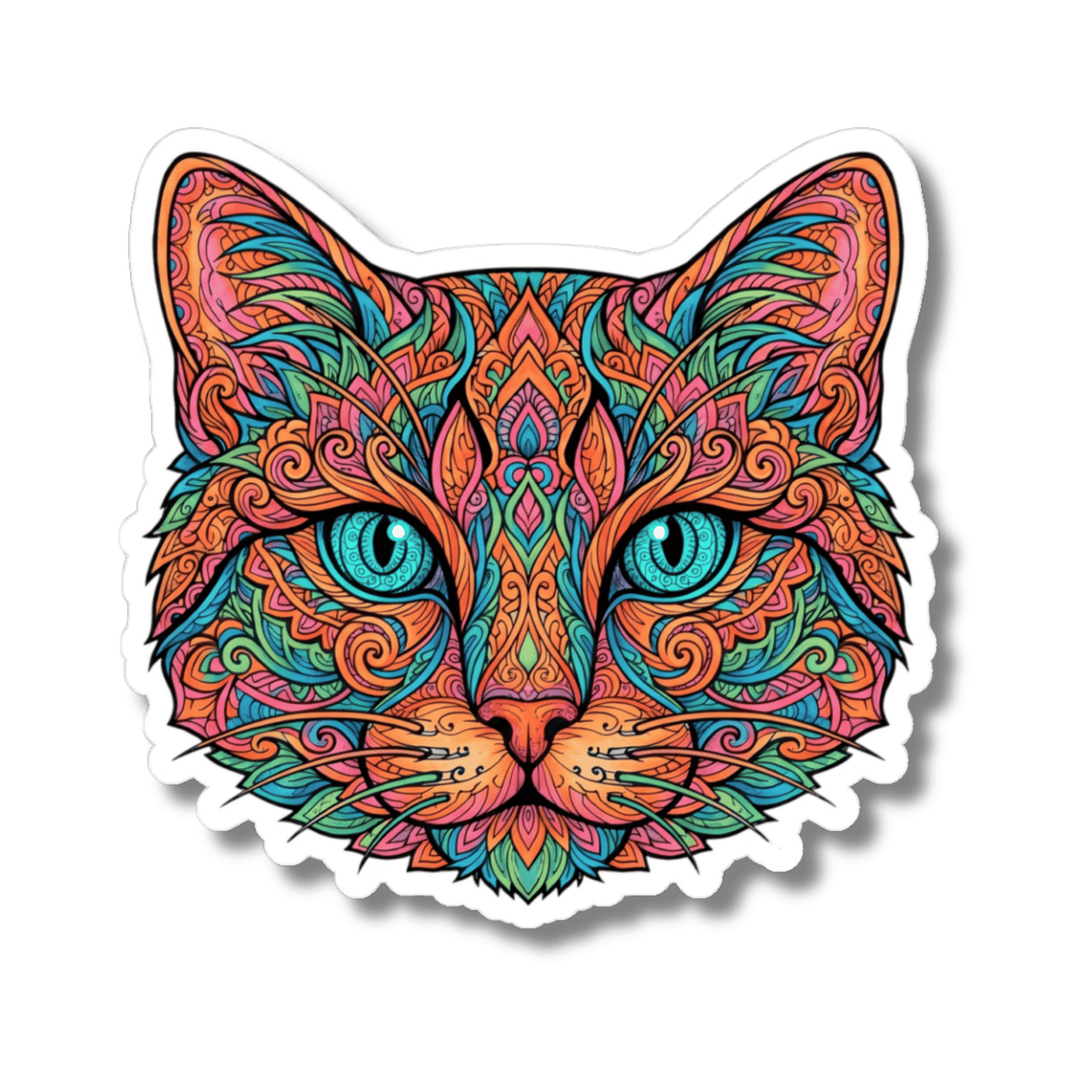 A kiss-cut sticker featuring a highly detailed, colorful mandala-style cat head illustration with bright turquoise eyes, set against a plain white background.