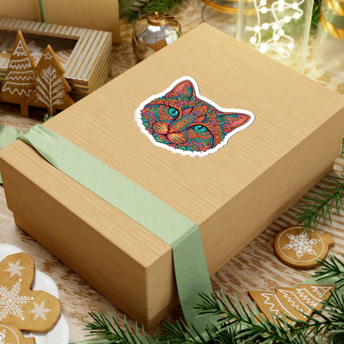 Gift box with a zentangle cat sticker on a festive background with cookies and decorations.