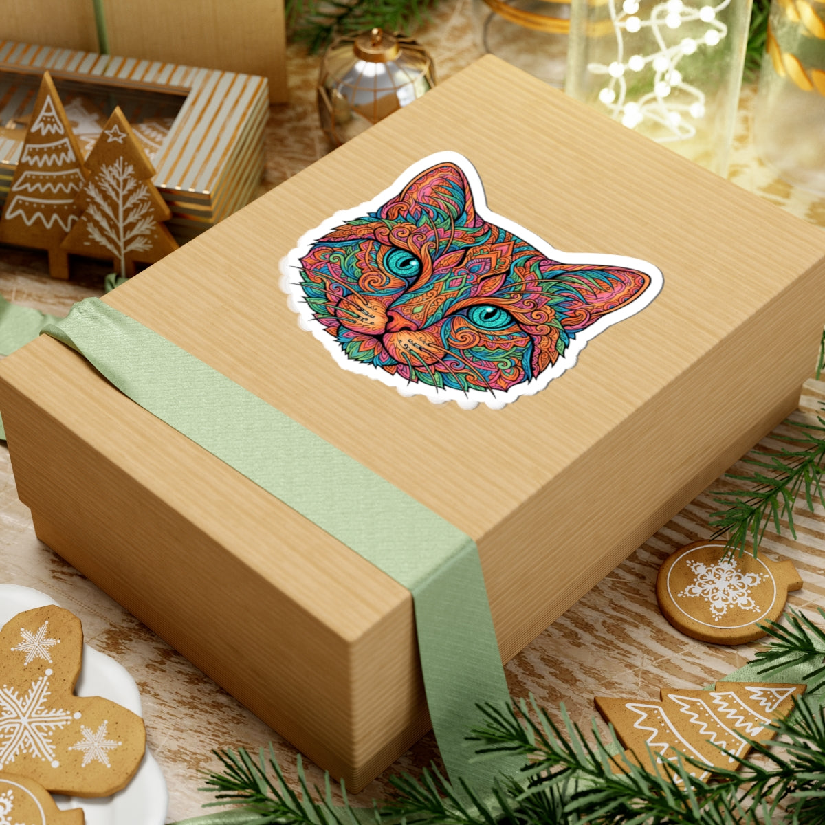 Wooden gift box with a sticker featuring a mandala cat design, surrounded by festive decorations.