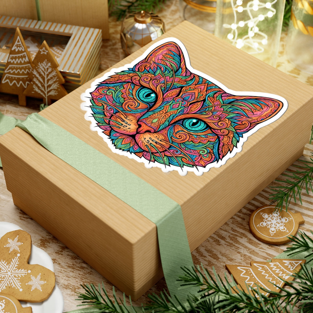 A square kraft gift box wrapped with a pale green ribbon, featuring a colorful illustrated cat face sticker on top. The box is styled on a tabletop with holiday decorations, including gingerbread cookies, evergreen branches, and a small ornament.