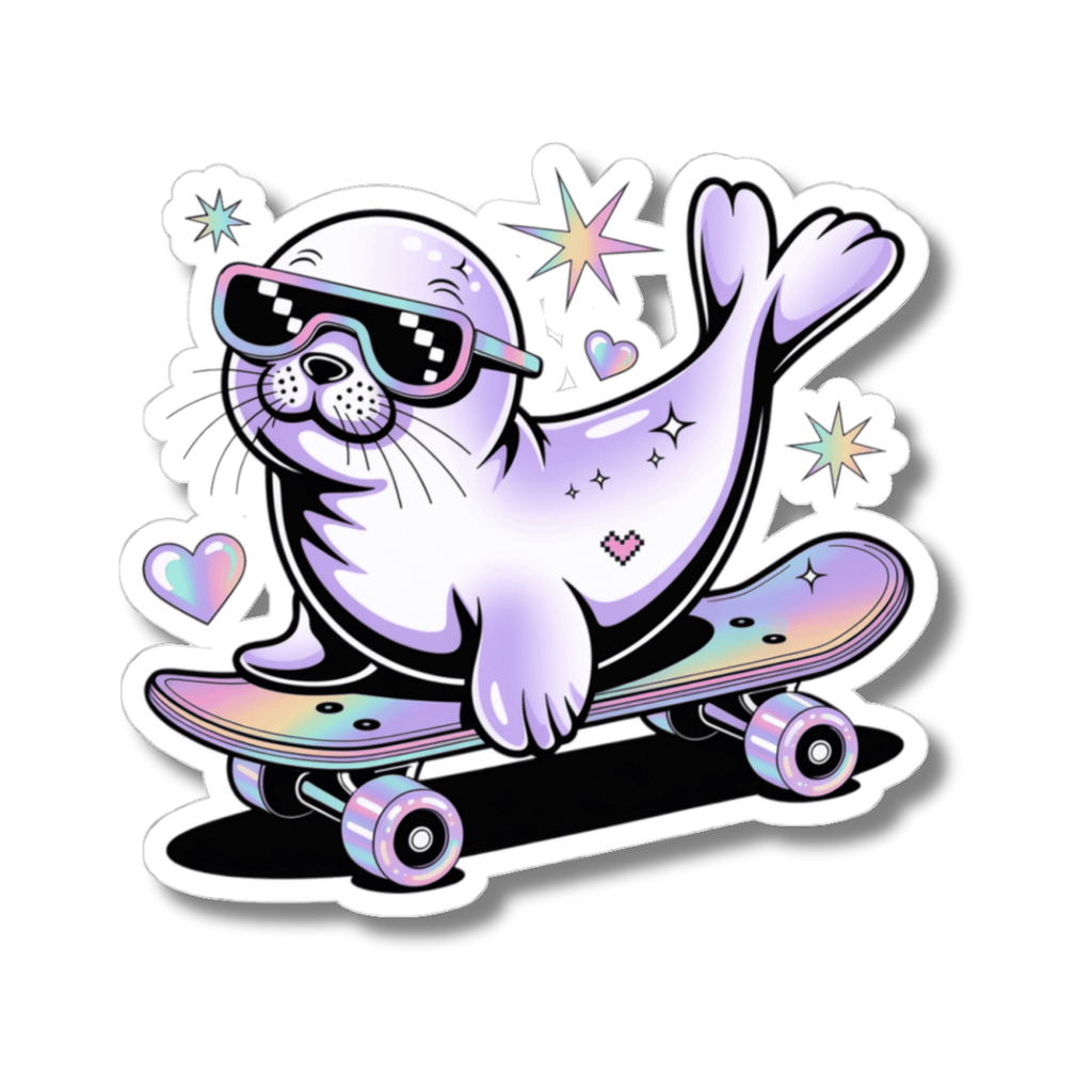A kiss-cut sticker featuring a cute cartoon seal wearing pixel-style sunglasses and riding an iridescent skateboard, surrounded by pastel stars and hearts on a white background.

