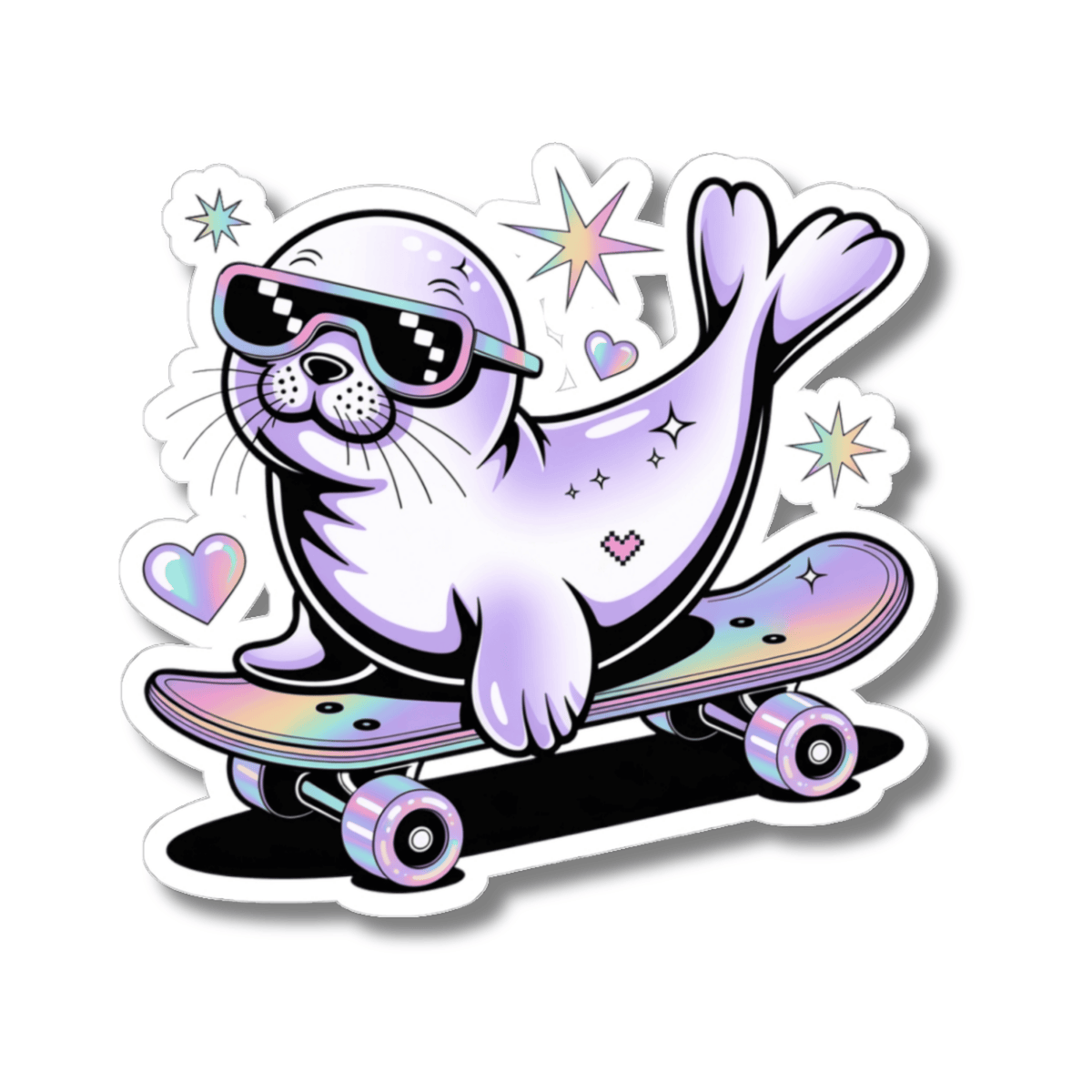 A kiss-cut sticker featuring a cute cartoon seal wearing pixel-style sunglasses and riding an iridescent skateboard, surrounded by pastel stars and hearts on a white background.

