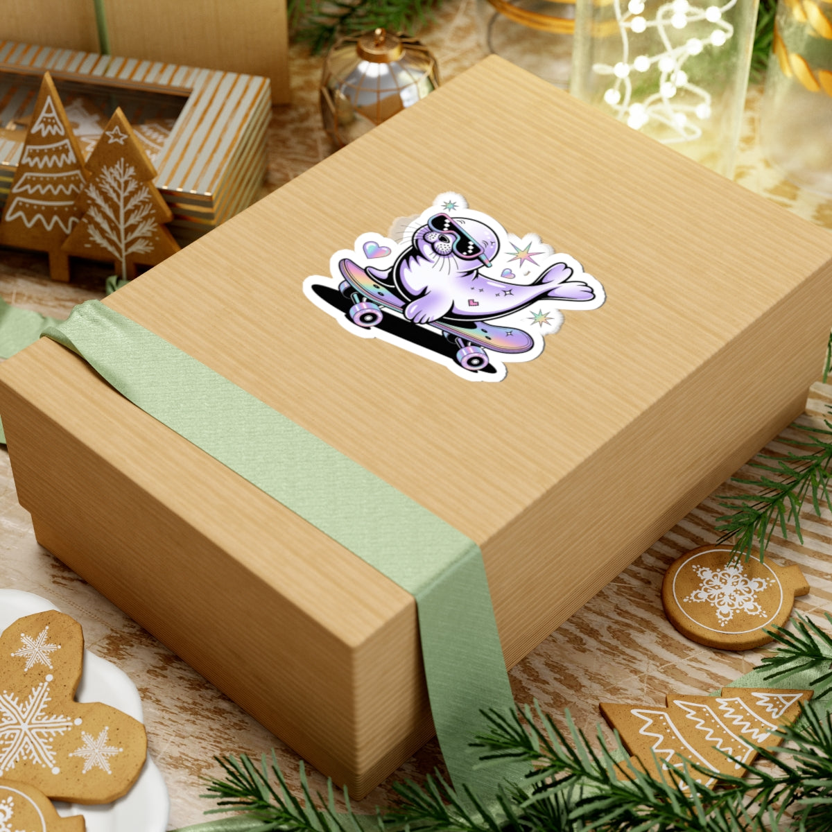 A square kraft paper gift box wrapped with a pale green ribbon, featuring a kiss-cut sticker of a purple cartoon seal riding a skateboard on top. The box is styled on a rustic wooden surface with Christmas cookies, evergreen branches, and other holiday decorations.