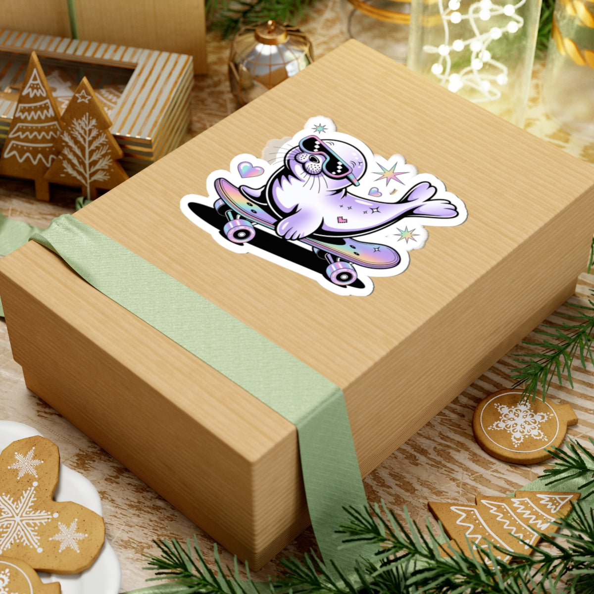 A kraft paper gift box tied with a pale green ribbon, featuring a kiss-cut sticker of a purple seal riding a skateboard on top. The box is styled on a rustic wooden surface with Christmas cookies, evergreen branches, and holiday decorations in the background.