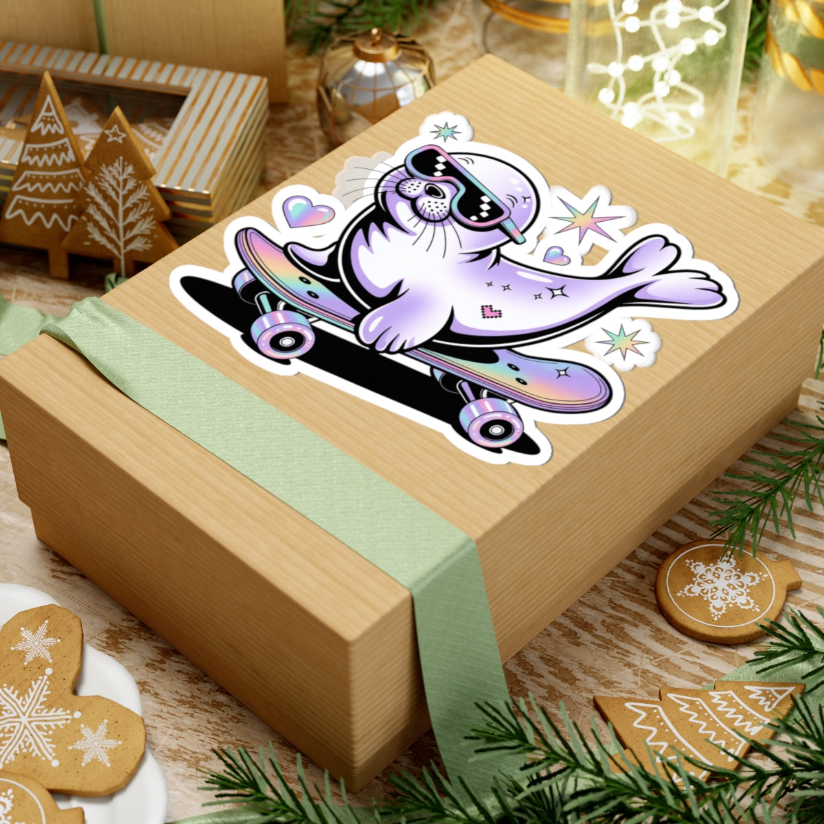 A kraft paper gift box wrapped with a pale green ribbon, decorated with a colorful sticker of a purple seal riding a skateboard. The box is styled on a rustic wooden surface with Christmas cookies, evergreen branches, and warm holiday lights in the background.