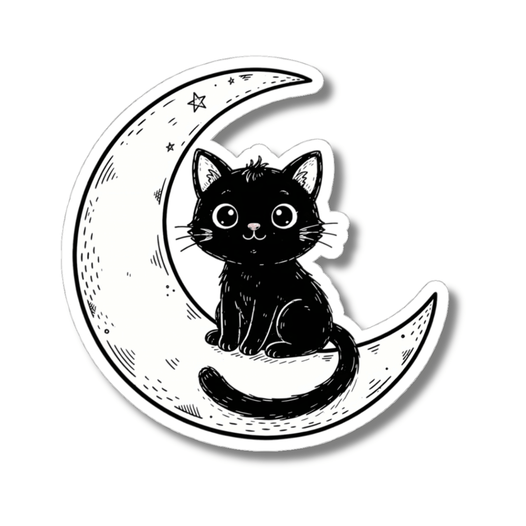 A kiss-cut sticker featuring a black cartoon cat sitting on a white crescent moon with small stars, shown on a plain white background.