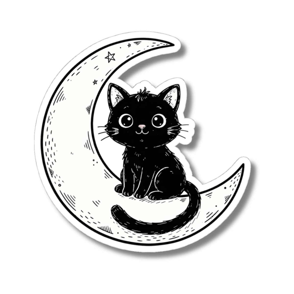 A kiss-cut sticker featuring a black cartoon cat sitting on a white crescent moon with small stars, shown on a plain white background.