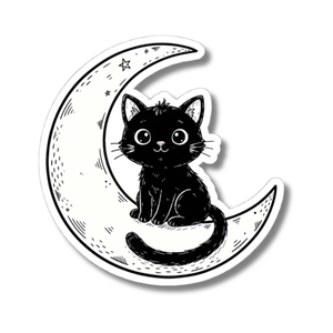A kiss-cut sticker featuring a black cartoon cat sitting on a white crescent moon with small stars, shown on a plain white background.