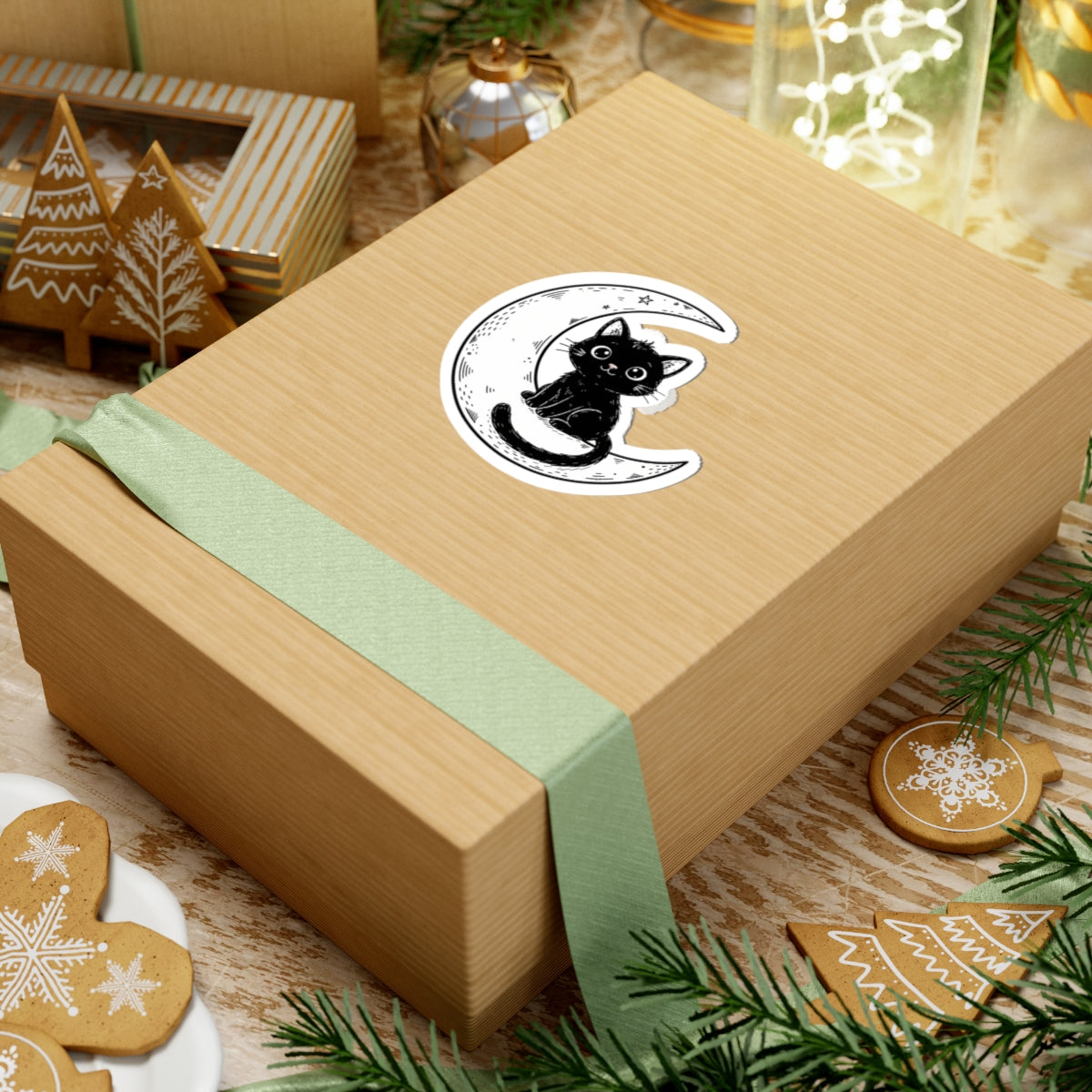 A square kraft paper gift box wrapped with a pale green ribbon and topped with a black cat sticker on a crescent moon, styled on a wooden surface with holiday cookies, greenery, and other gift boxes.