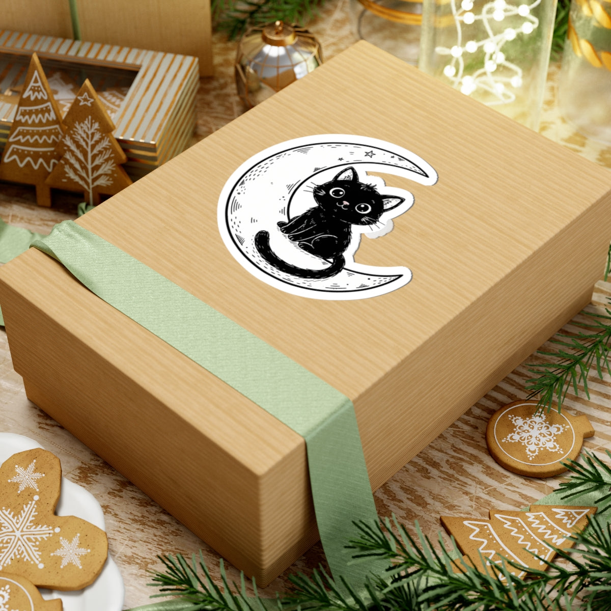 A kraft paper gift box tied with a pale green ribbon, featuring a kiss-cut sticker of a black cat sitting on a crescent moon on top. The box is styled on a rustic wooden surface with Christmas cookies, evergreen branches, and holiday decorations.