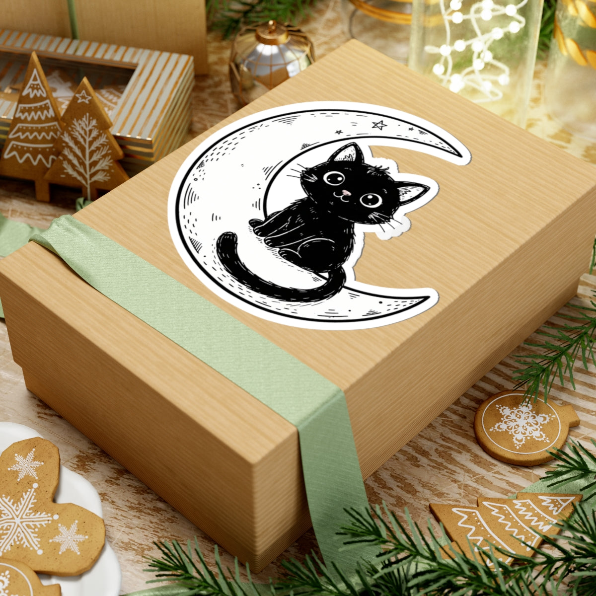 A square kraft gift box wrapped with a pale green ribbon, topped with a kiss-cut sticker of a black cat sitting on a crescent moon. The box is styled on a rustic wooden surface with Christmas cookies, evergreen branches, and warm holiday decor in the background.