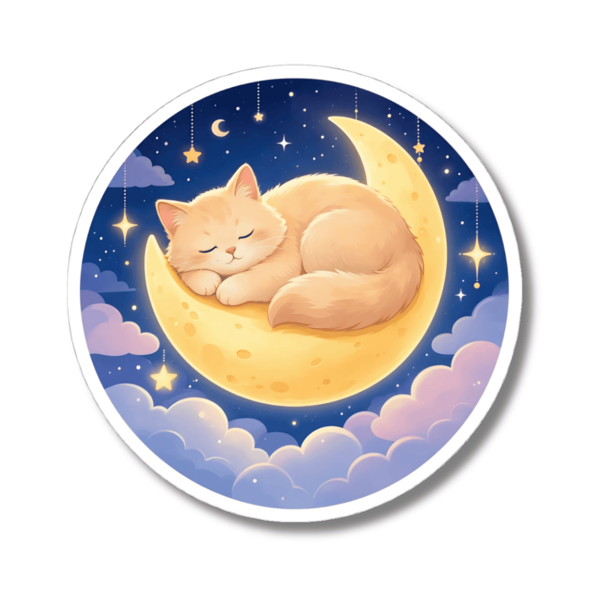 A circular sticker or decal featuring a cute illustration of a sleeping orange tabby cat curled up on a crescent moon under a starry night sky with clouds.