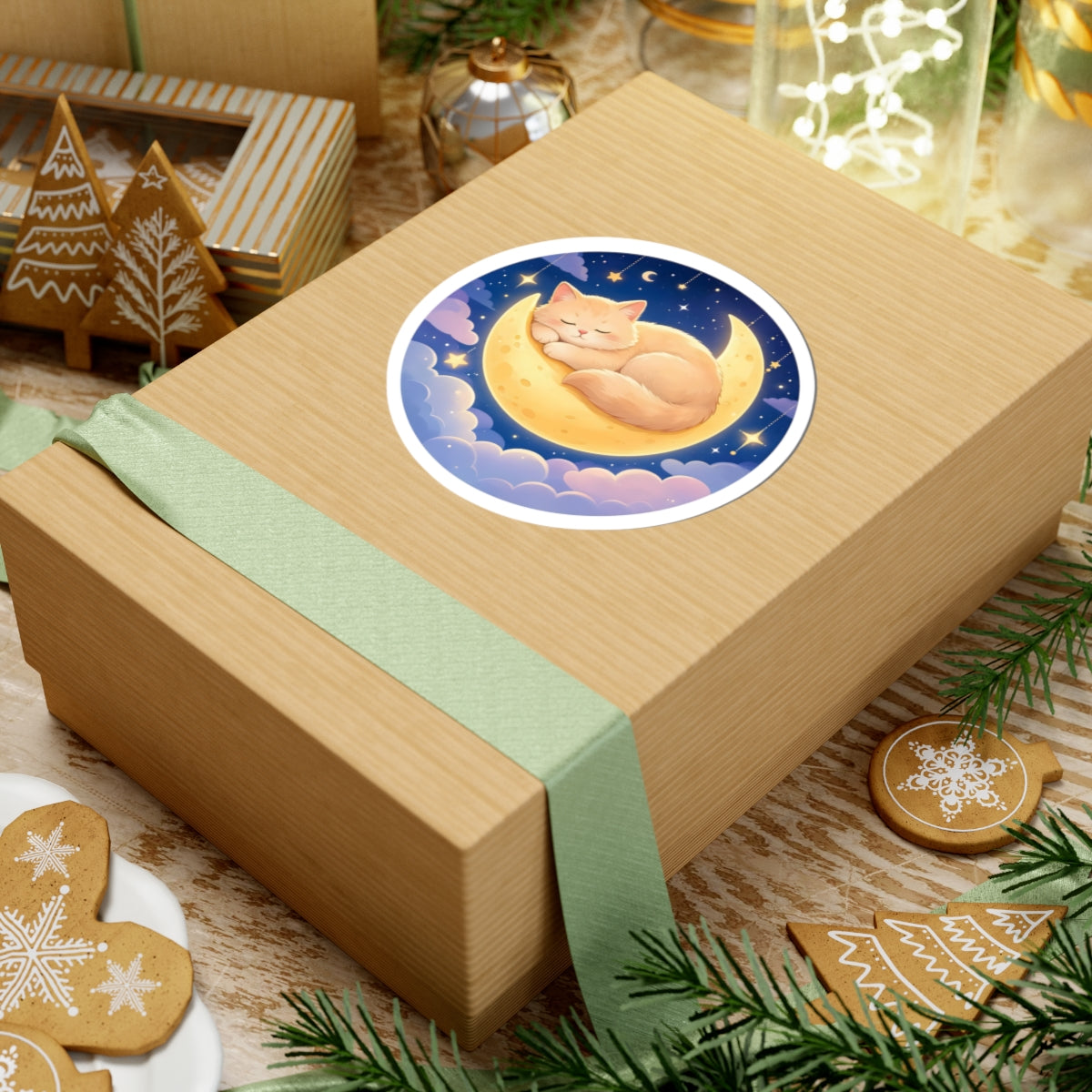 A square kraft gift box wrapped with a pale green ribbon, topped with a round sticker showing a sleeping orange cat on a crescent moon under a starry night sky. The box is styled on a tabletop with Christmas cookies, evergreen branches, and other gift items in the background.