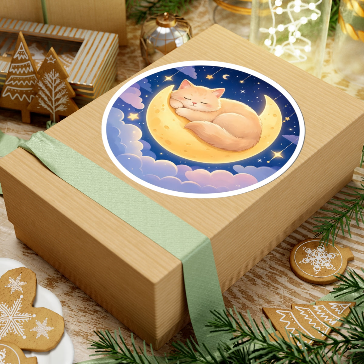 A square kraft gift box wrapped with a pale green ribbon, topped with a round sticker showing a sleeping orange cat on a crescent moon under a starry night sky. The box is styled on a tabletop with Christmas cookies, evergreen branches, and holiday decor in the background.