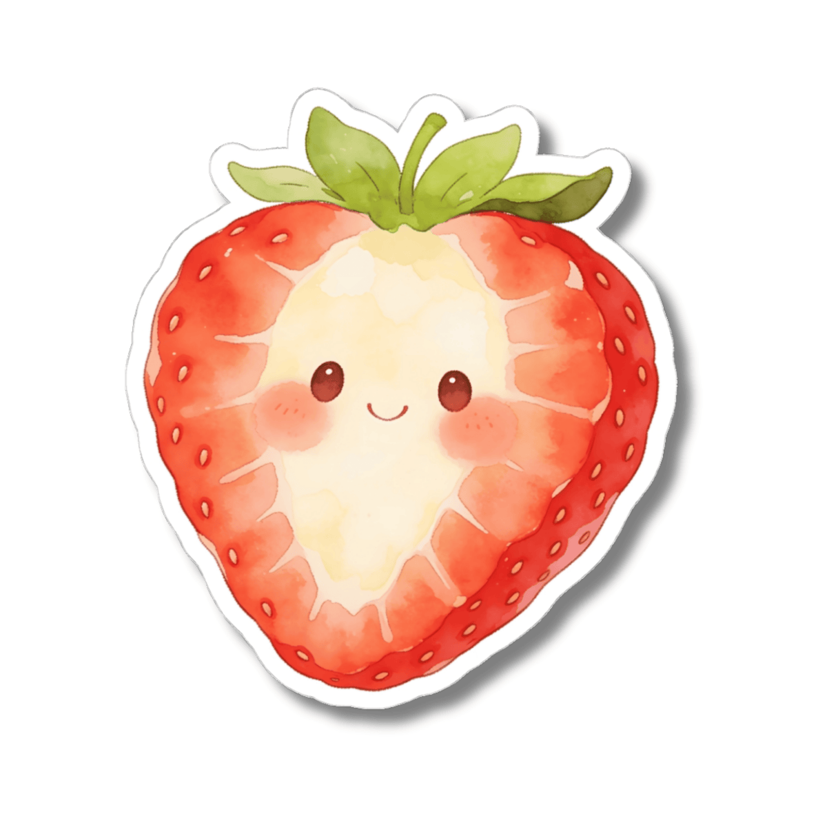A kiss-cut sticker featuring a cute, watercolor-style illustration of a strawberry with a smiling face and green leaves, shown on a plain white background.