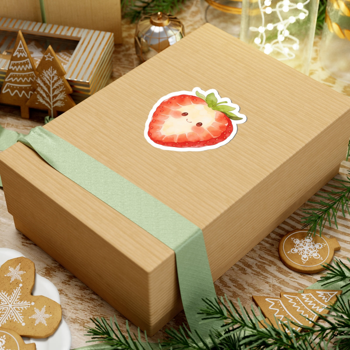 Wooden gift box with a cute watercolor strawberry sticker on a festive background with cookies and lights.
