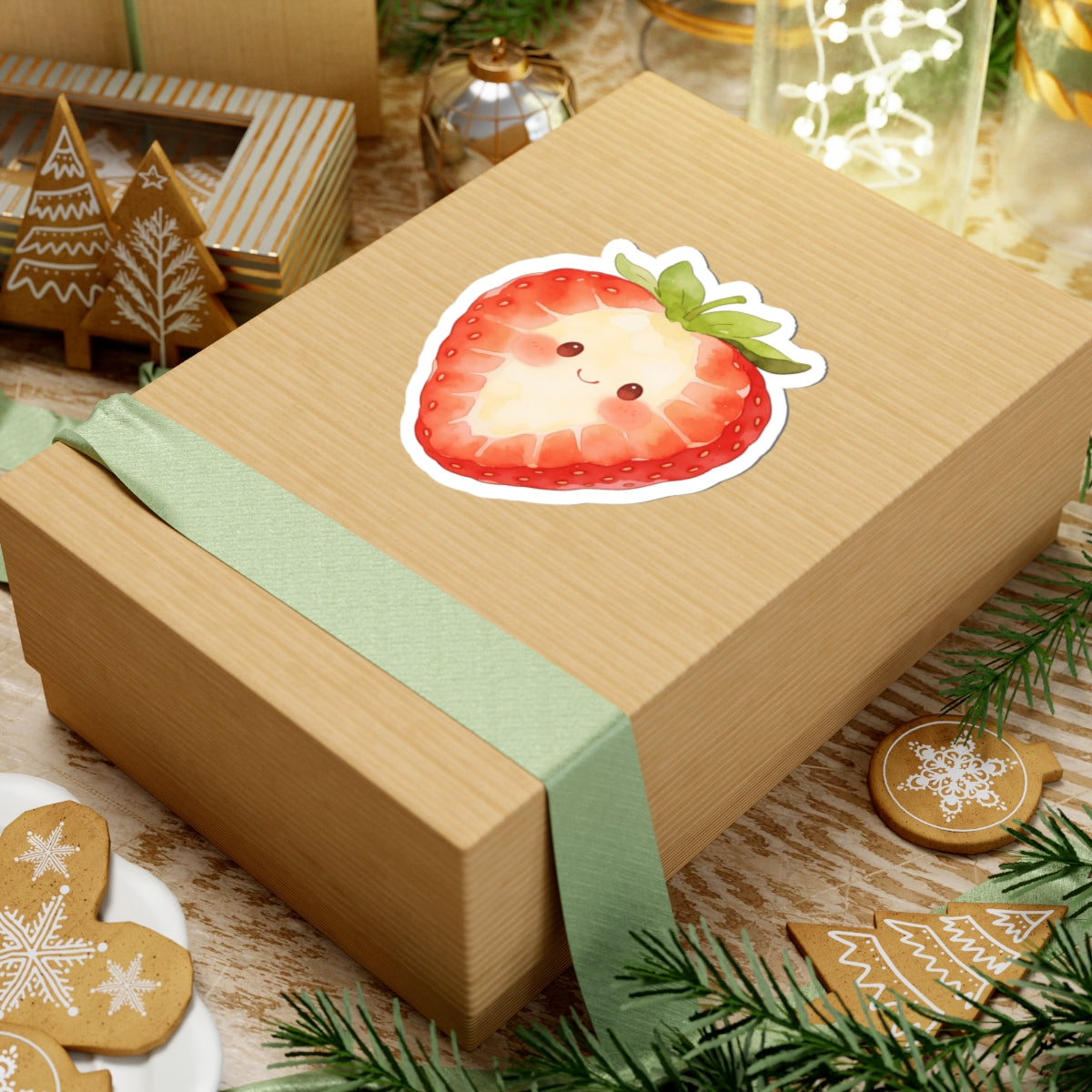 A kraft paper gift box wrapped with a pale green ribbon, topped with a cute strawberry sticker, styled on a wooden surface with holiday decorations including gingerbread cookies, pine branches, and another gift box in the background.