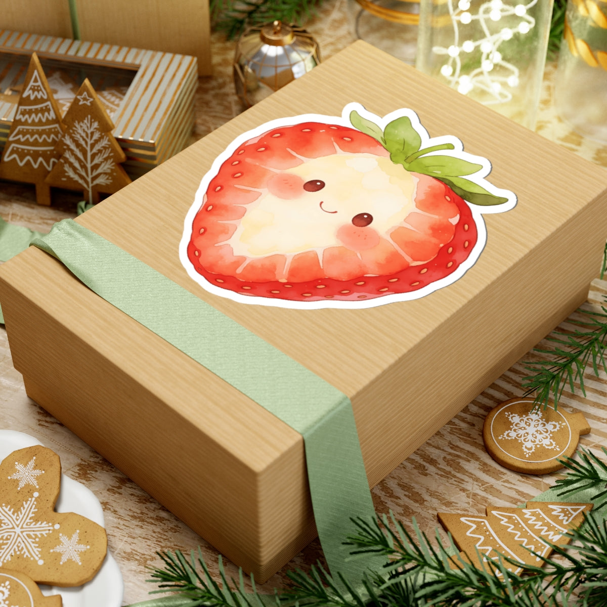 A square kraft paper gift box wrapped with a pale green ribbon, topped with a kiss-cut sticker of a smiling strawberry. The box is styled on a wooden surface with holiday decorations including gingerbread cookies, evergreen branches, and another gift box in the background.