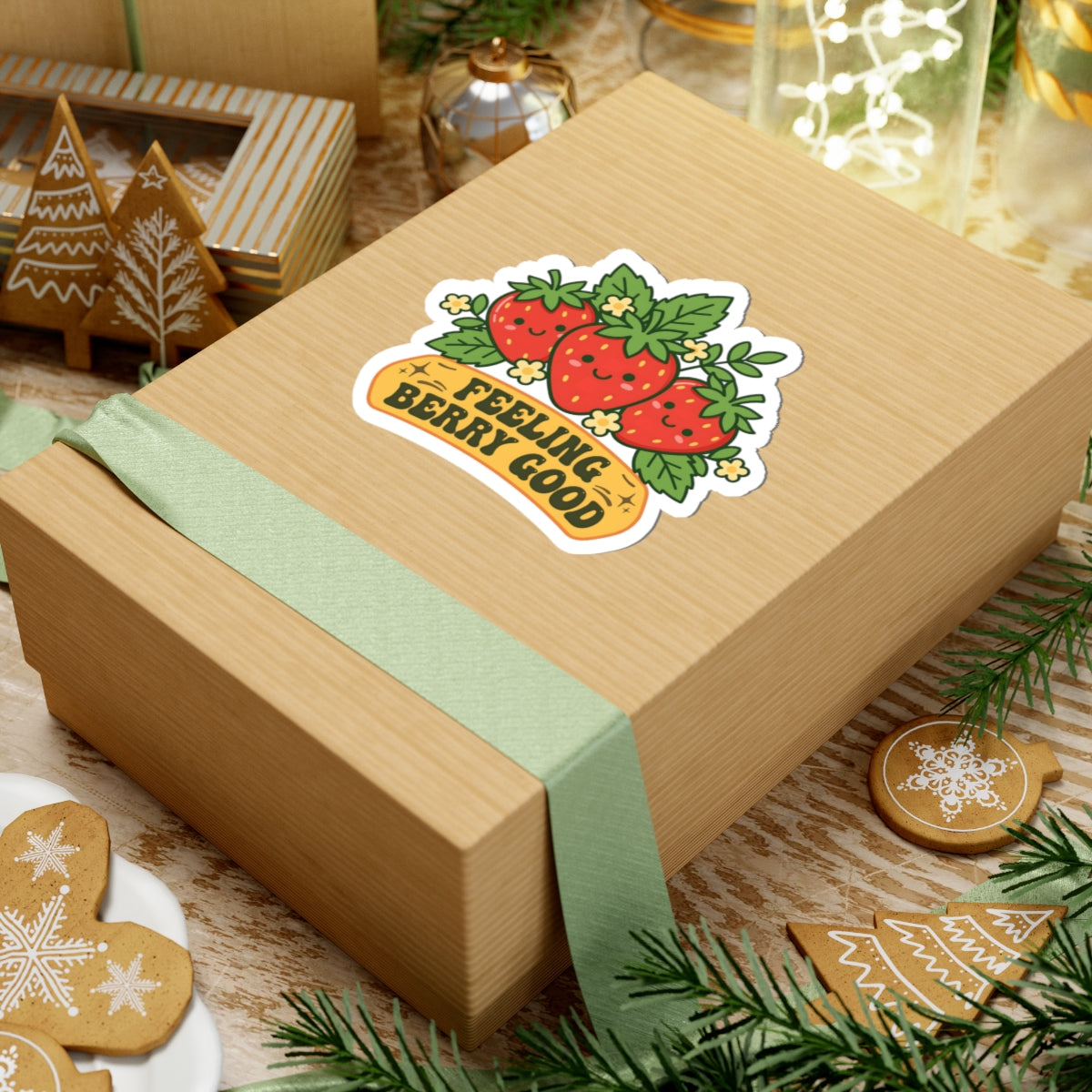 A kraft paper gift box tied with a pale green ribbon, featuring a kiss-cut sticker that reads 'FEELING BERRY GOOD' with three strawberries and green leaves, styled on a tabletop with holiday decorations.