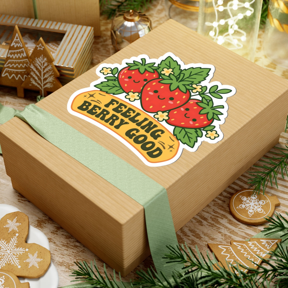 A kraft paper gift box wrapped with a pale green ribbon, featuring a kiss-cut sticker of three smiling red strawberries with the text 'FEELING BERRY GOOD' on top. The box is styled on a rustic wooden surface with holiday decorations including gingerbread cookies, pine branches, and a small lantern.