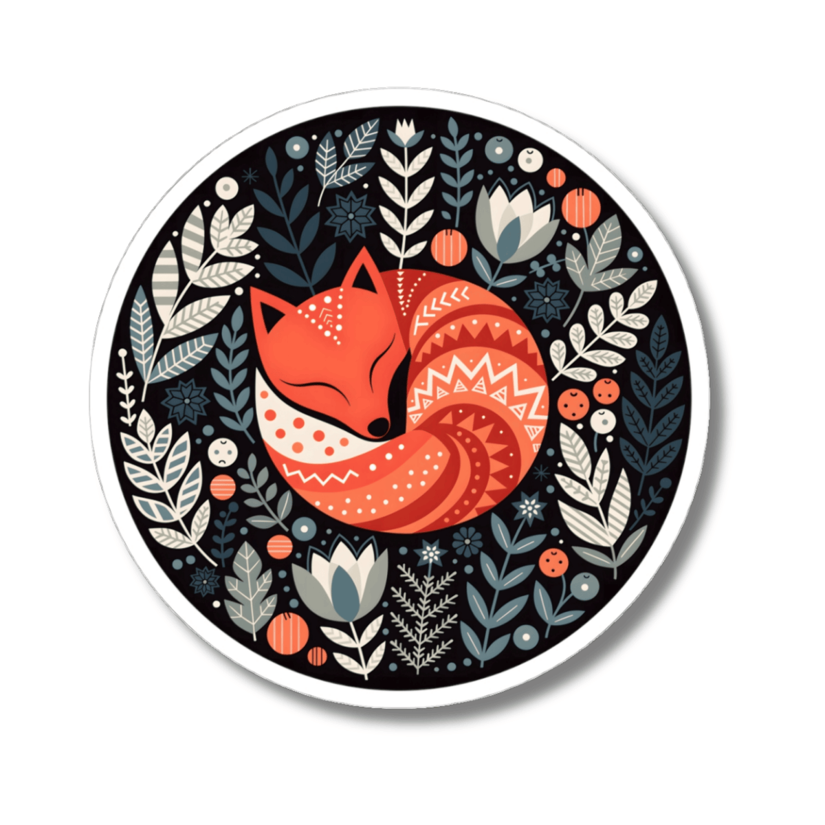 A circular sticker or print featuring a stylized sleeping fox in orange and red tones, surrounded by a dark botanical pattern with leaves and berries on a white background.