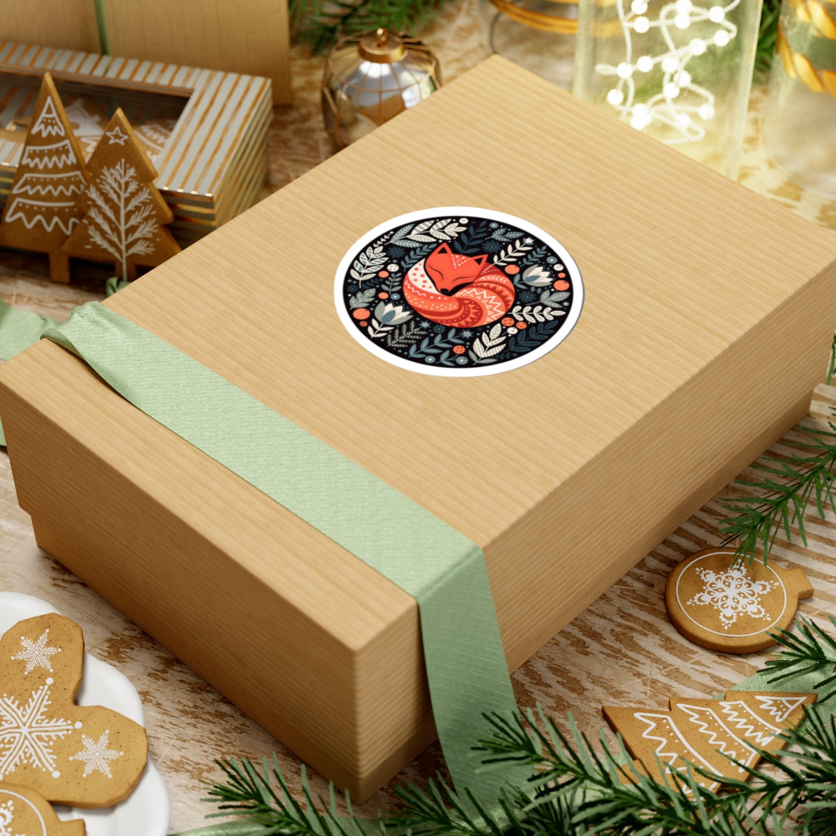 Wooden gift box with a round folk art sleeping fox sticker on a festive background with cookies and greenery.