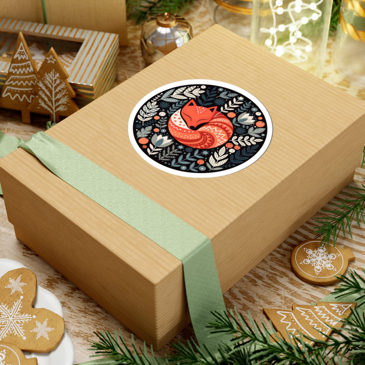 A square kraft paper gift box wrapped with a pale green ribbon, featuring a round sticker on top with a winter fox illustration. The box is styled on a tabletop with holiday cookies, pine branches, and other gift items in the background.