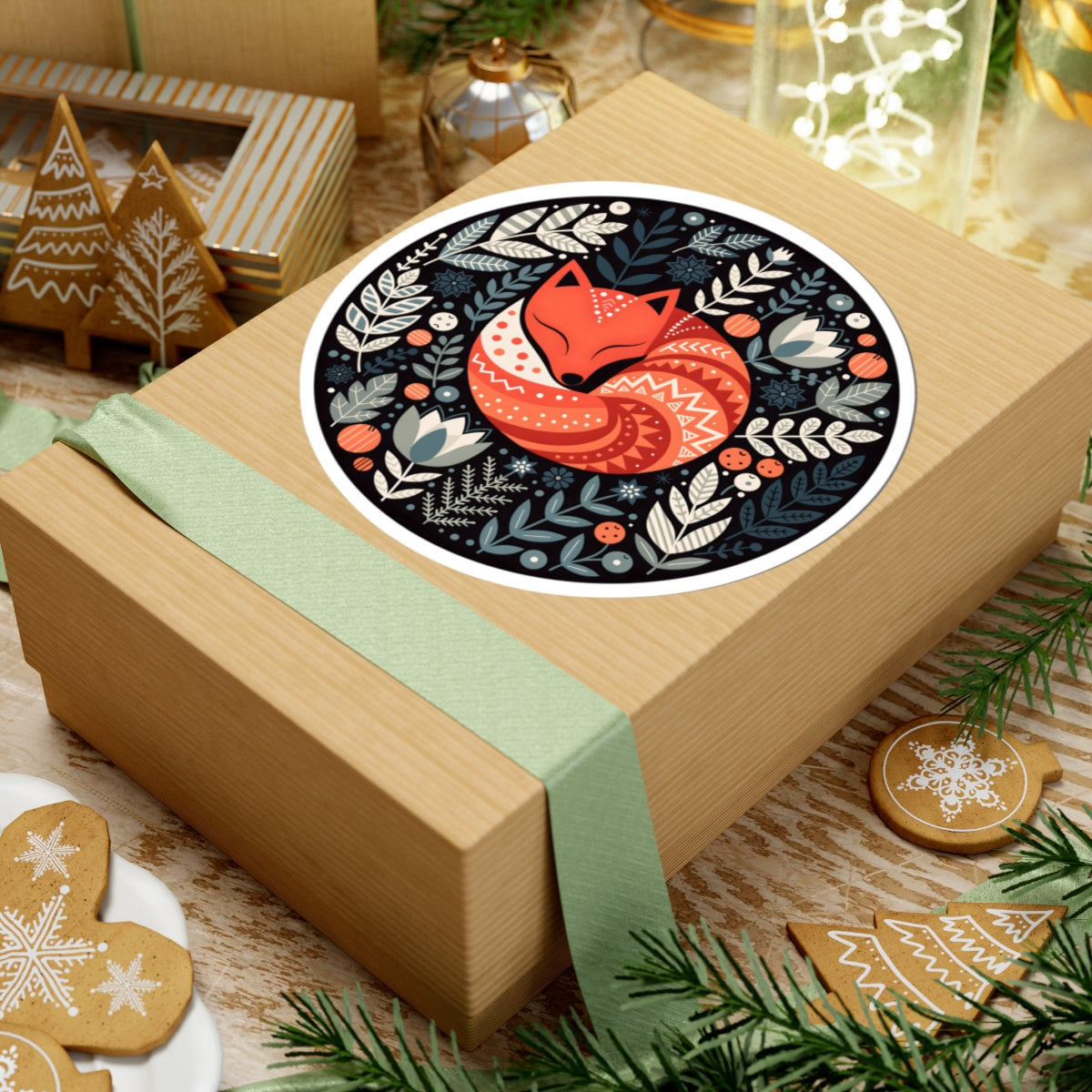 A square kraft gift box wrapped with a pale green ribbon, topped with a round sticker featuring a stylized orange fox curled up on a dark floral background. The box is styled on a tabletop with holiday cookies, evergreen branches, and warm decorative lights.