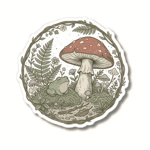 A circular kiss-cut sticker featuring a whimsical forest illustration with a large red-and-white mushroom, a green frog, ferns, and small wildflowers, shown on a plain white background.