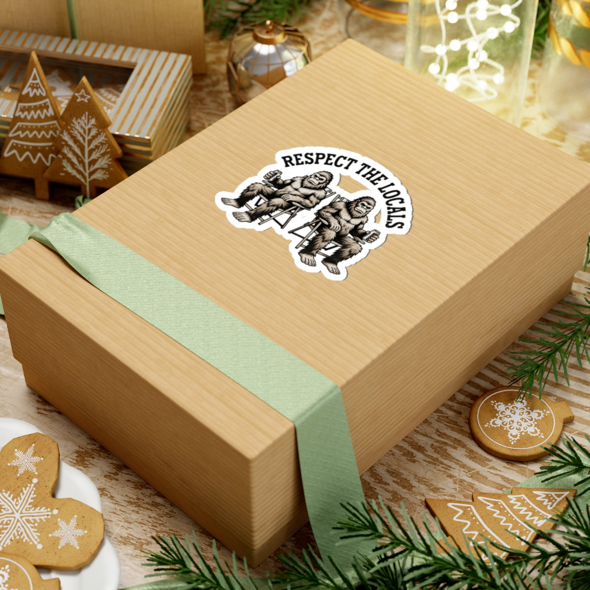 Gift box with a green ribbon on a festive background with cookies and decorations and a sticker featuring two illustrated Bigfoot figures sitting in folding chairs and holding beer mugs, with the text 'RESPECT THE LOCALS' arched above them.
