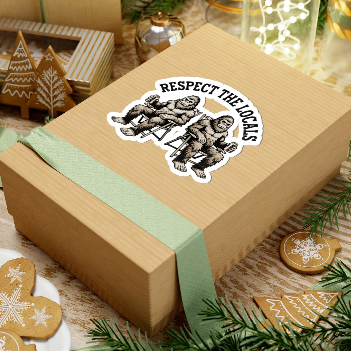 A light brown kraft gift box tied with a pale green ribbon, featuring a kiss-cut sticker that reads 'RESPECT THE LOCALS' with an illustration of two Bigfoot sitting on chairs. The box is styled on a rustic wooden surface with Christmas cookies, evergreen branches, and holiday decorations.